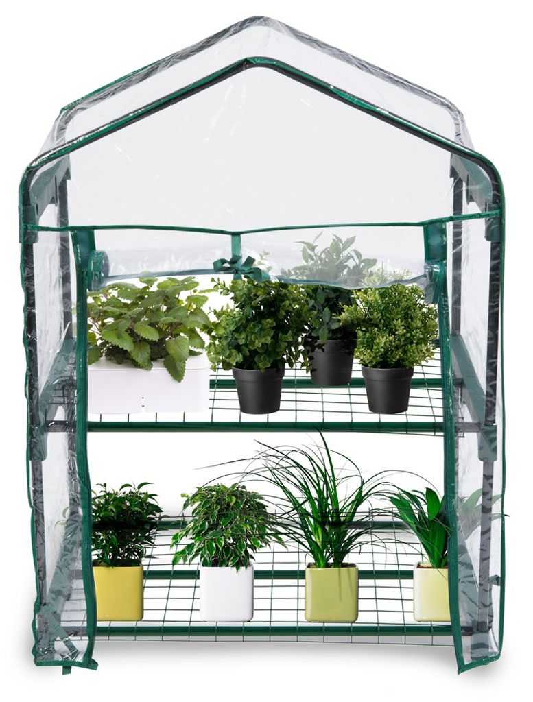 A mini greenhouse with plants on shelves.
