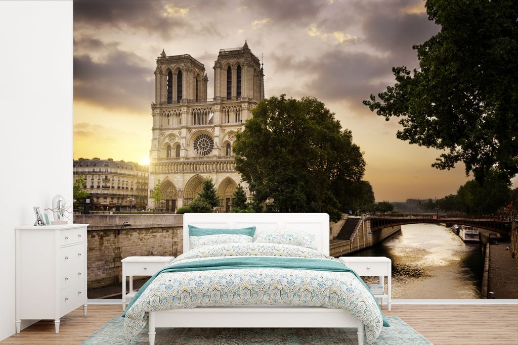 MuchoWow Fototapete für Wohnzimmer oder Schlafzimmer Wandtapete Vinyl Motivtapete Sonnenaufgang bei Notre Dame in Paris - 420x280 cm - Zimmer f...