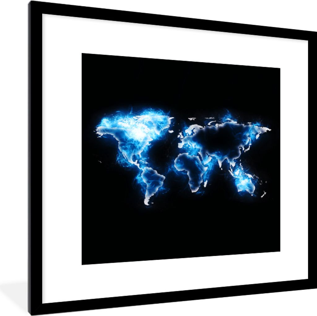 MuchoWow MuchoWow Gerahmtes Poster Weltkarte - Schwarz - Blau 40x40 cm - Poster mit zchwarzem Bilderrahmen - Poster - Plakat im Rahmen