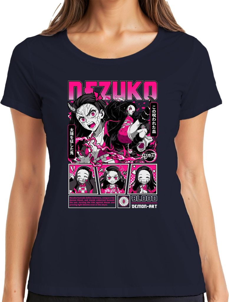 Demon Slayer Nezuko Dämon Blut Anime Geschenk Japan Y2K Streetwear Halloween Damen T-Shirt, Navy, M