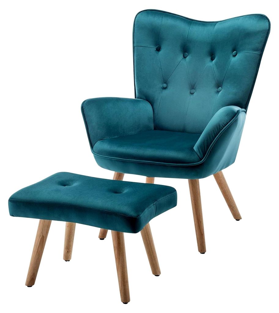 Ohrensessel mit Hocker in Pfauengrün für Wohnzimmer und Schlafzimmer