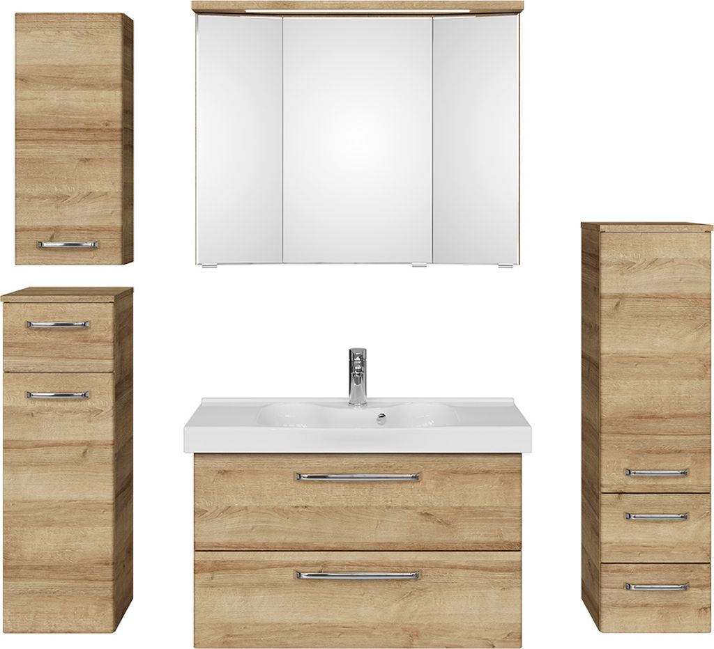 Badezimmer Komplett Set mit Keramikbecken TRENTO-66 in Riviera Eiche Nb., B/H/T: ca. 182/200/48 cm