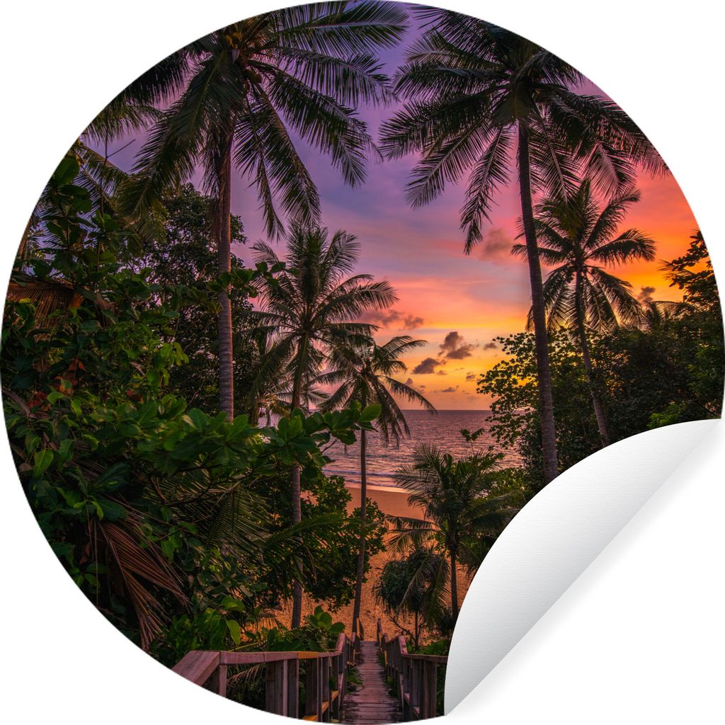 MuchoWow Runde Wandtattoo - Wandsticker Tapete Aufkleber Sonnenuntergang - Palmen - Strand Ø 100 cm Selbstklebend und Repositionierbar - Wandauf...