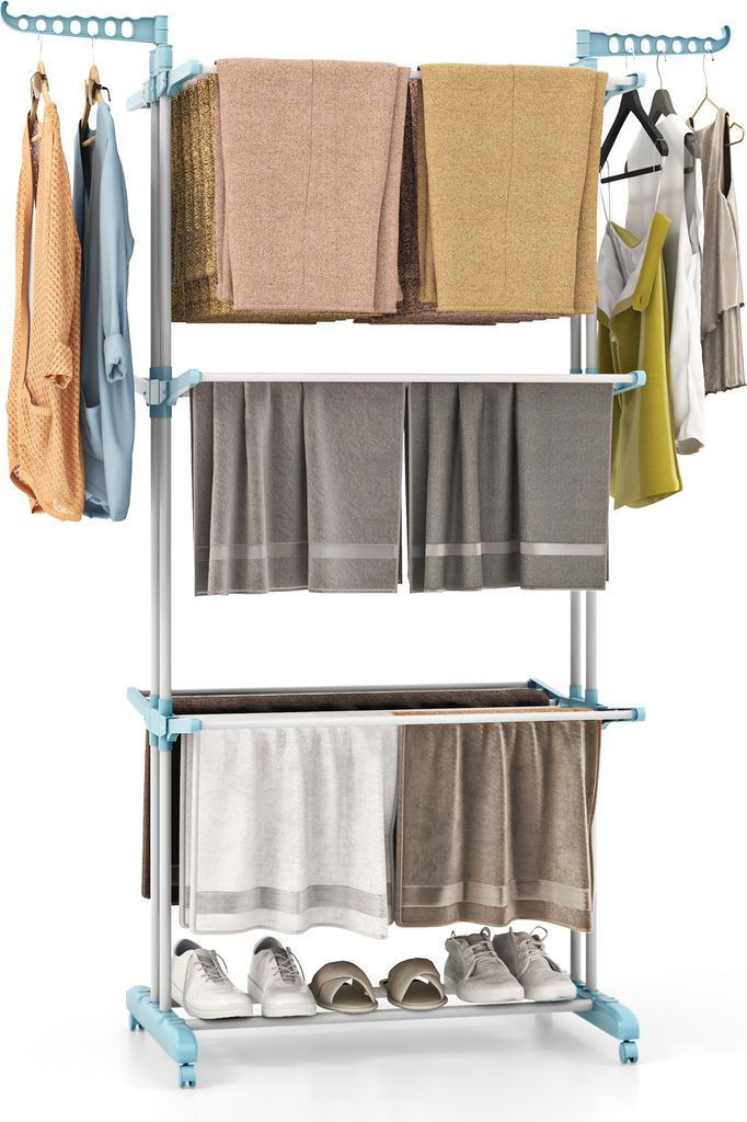 A three-tier drying rack with clothes and towels on it, and shoes on the bottom shelf.