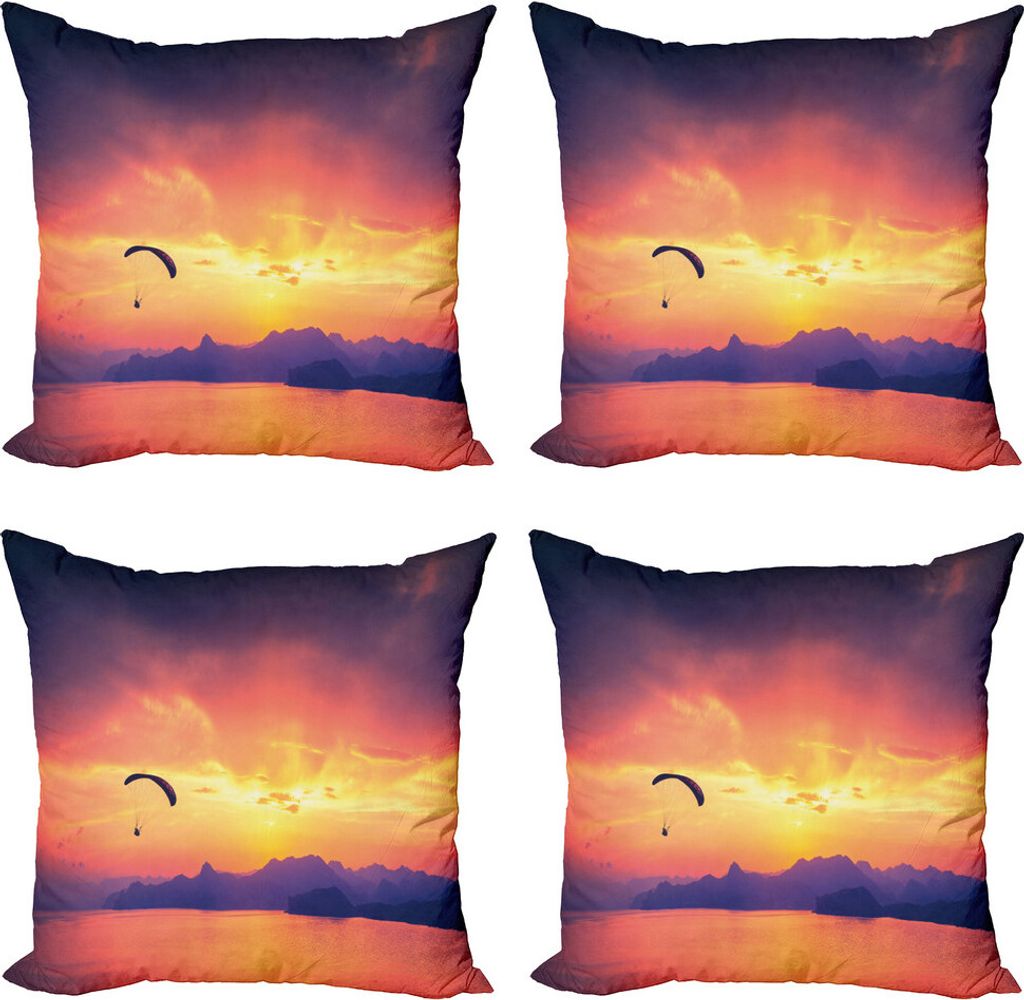 ABAKUHAUS Sport Kissenbezug Set (4 Stück), Paragliding bei Sonnenuntergang, Moderner Doppelseitiger Digitaldruck, 45 cm x 45 cm, Orange
