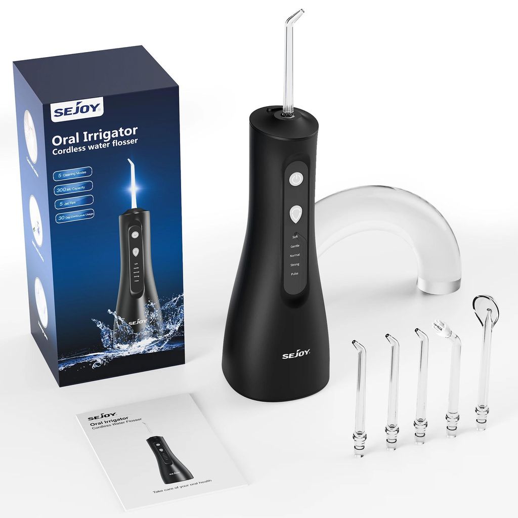 Elektrische Munddusche - Wasserflosser - Wiederaufladbar 1200 mAh - 300 ml Tank - 1600 Imp./Min - 4+ Modi - Tragbar - Schwarz