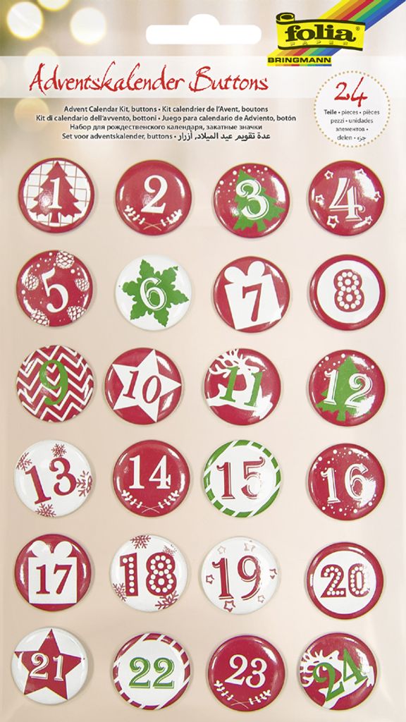 A collection of round buttons with Christmas-themed designs and numbers 1-24, arranged in a grid.