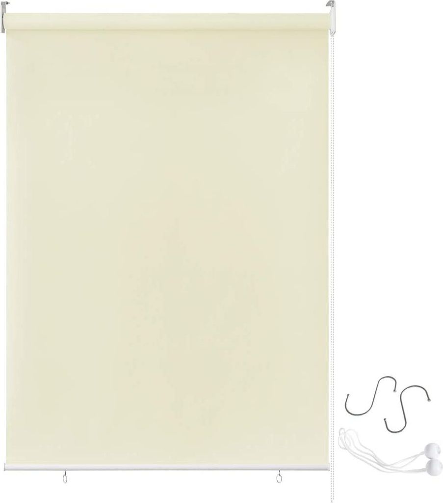 A beige roller blind is shown against a white background, with some accessories on the right side.
