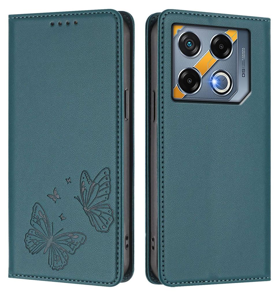 Lederhülle für Infinix GT 20 Pro 5G, Schmetterling Prägung Leder Brieftasche Schutzhülle mit Ständer Grün