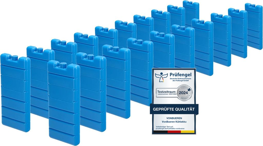 VonBueren 20 x Kühlakkus für Kühltasche | 12h Lange Kühlung | ca. 200 g je Kühlakku | ca. 7,4 x 16,7 x 2,1 cm | auch für Kühlbox