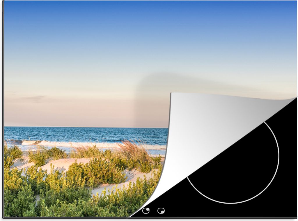 KitchenYeah Herdabdeckplatte Strand - Pflanzen - Licht , 71x52cm, Küche Deko, Glaskeramikfeld Herdabdeckung, Abdeckplatte fùr Kochfeld