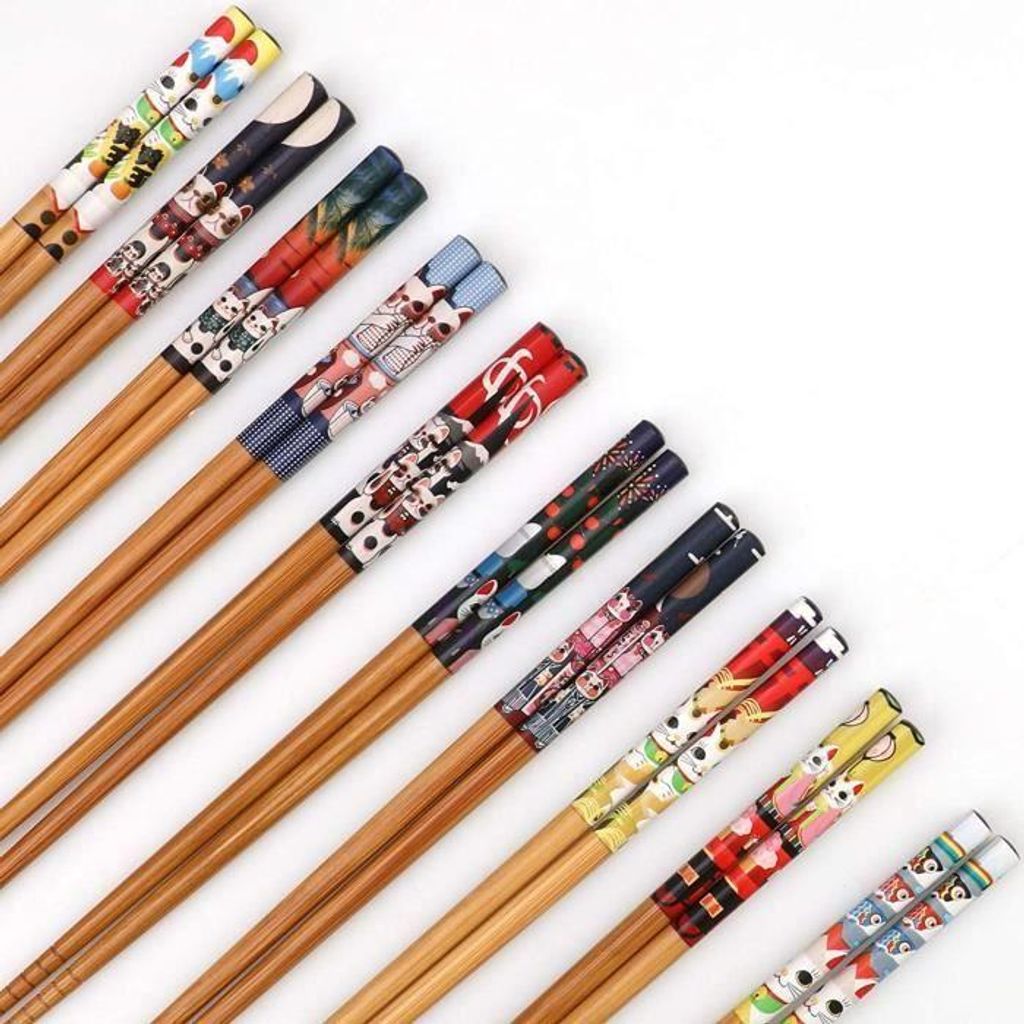 10 Paar 23 cm lange chinesische Essstäbchen, japanische Essstäbchen aus natürlichem Bambus, rutschfeste Essstäbchen mit Glückskatzen-Motiv
