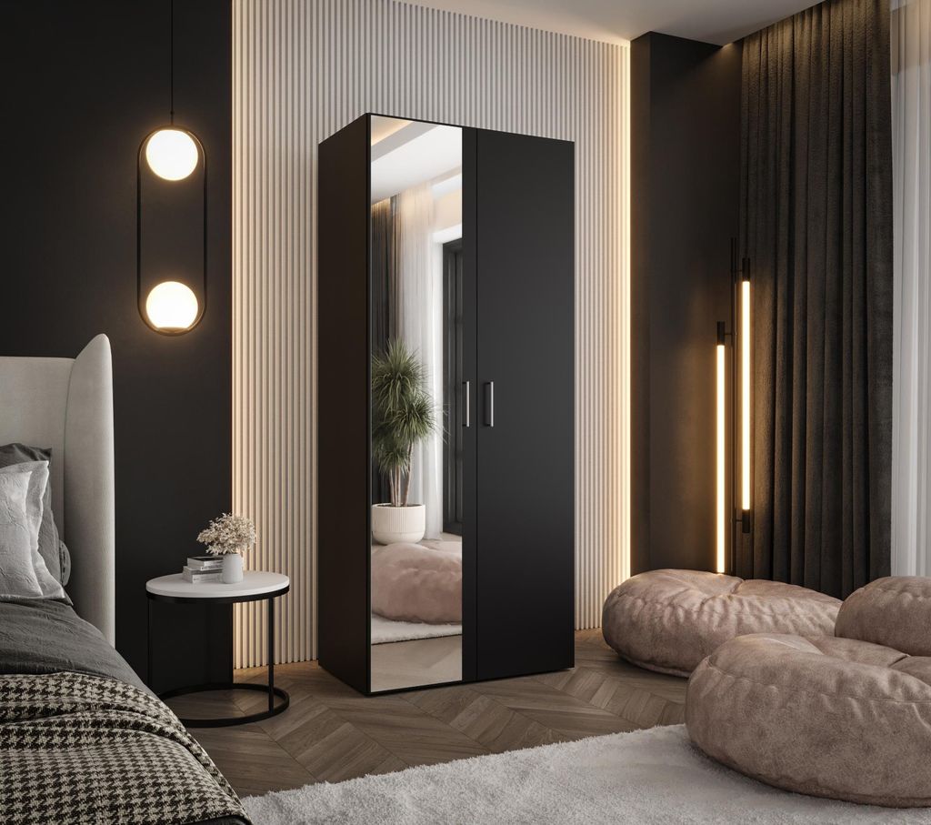 Drehtürenschrank 190x80x48 cm Schwarz mit Spiegel – Moderner Kleiderschrank mit viel Stauraum für Schlafzimmer und Flur