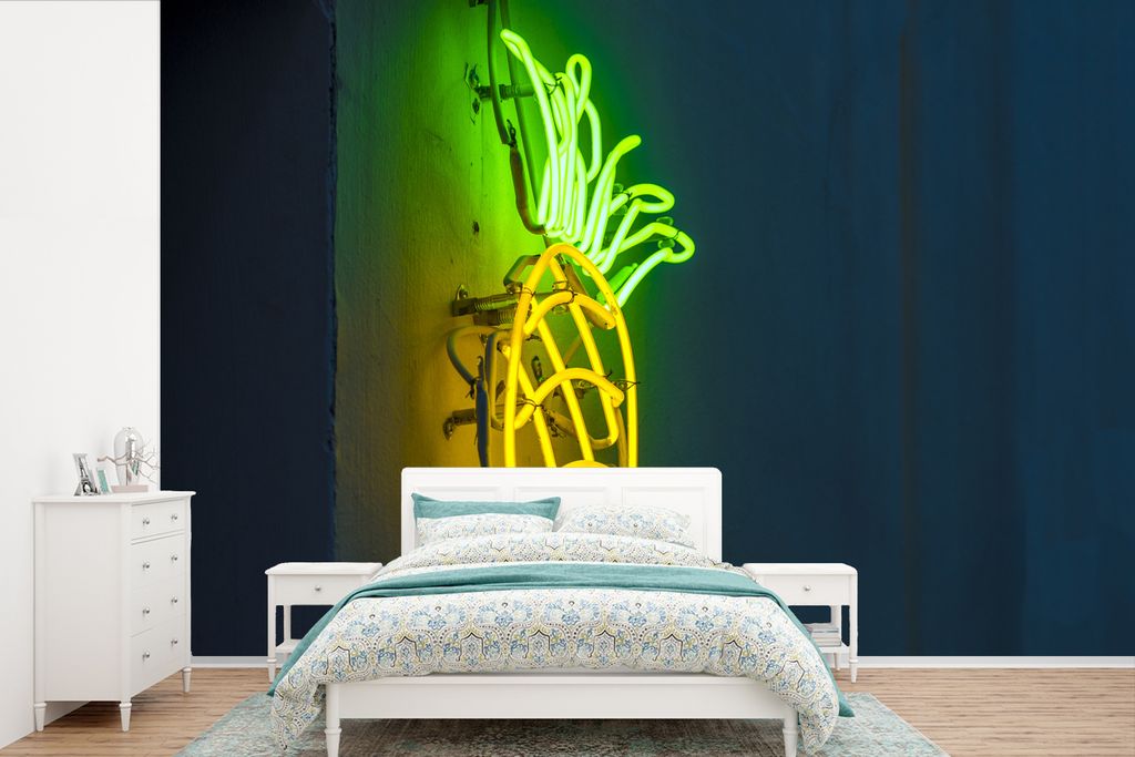 MuchoWow Fototapete für Wohnzimmer oder Schlafzimmer Wandtapete Vinyl Motivtapete Ananas - Neon - Lampe - 420x280 cm - Zimmer für Kinder