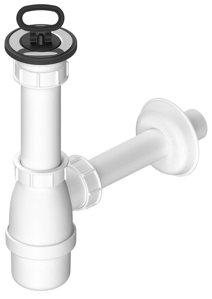 Bruckner Waschtisch-Siphon, Edelstahl Auslass, Stopfen mit Ohr, DN40, Weiß