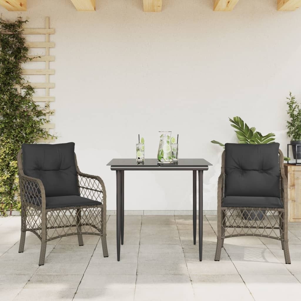 "Rabatt" 3-tlg. Bistro-Set - mit tishe & Stuhl - mit Kissen Grau Poly Rattan - Lounge-Dining set CC9407