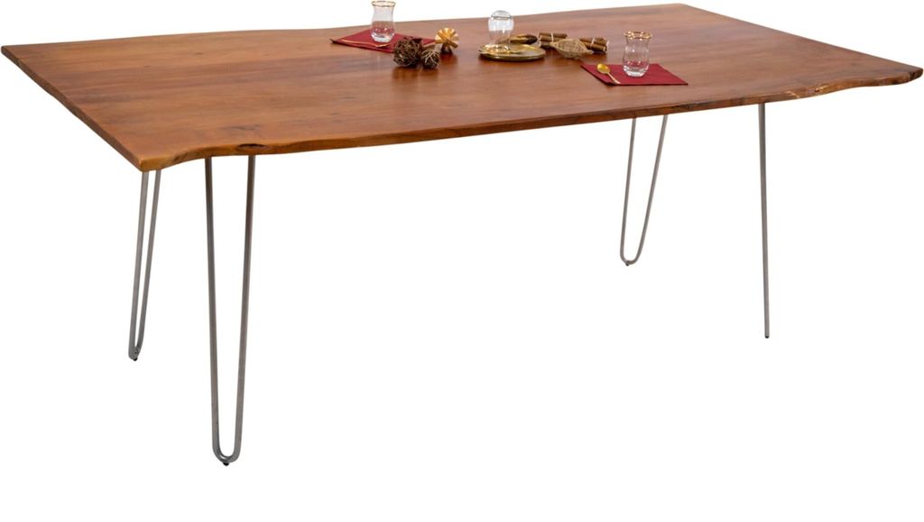 Esszimmertisch 200x100cm Hannah, echte Baumkante, Akazienholz nussbaumfarben, massiver Baumkantentisch mit Hairpin-Gestell Silber