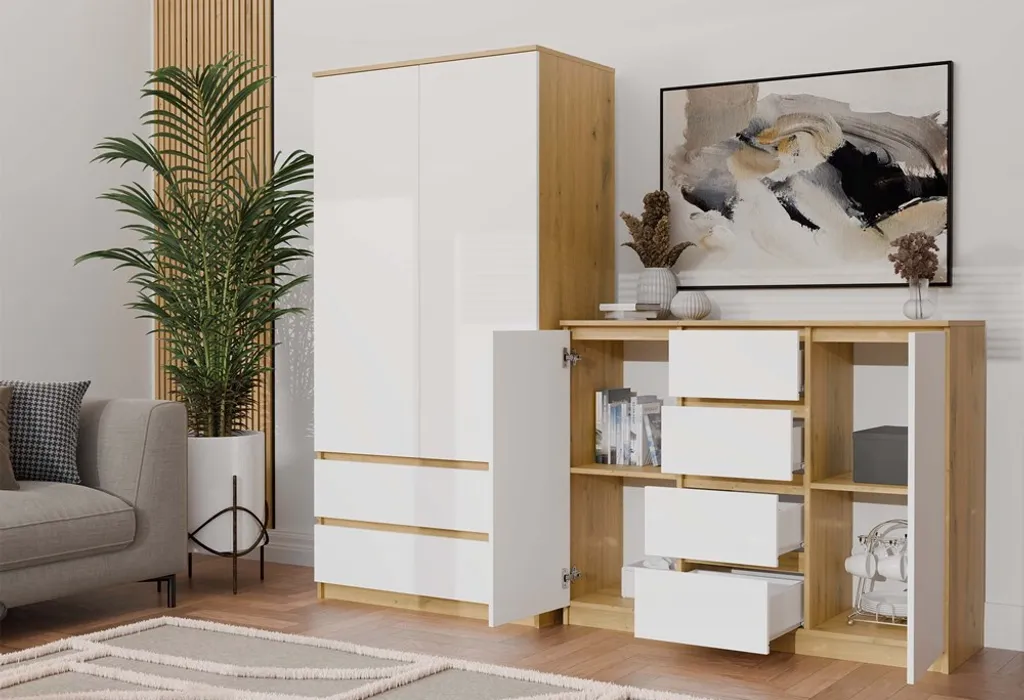 Commode large ELBE chêne artisanal et blanc pour chambre moderne - 4