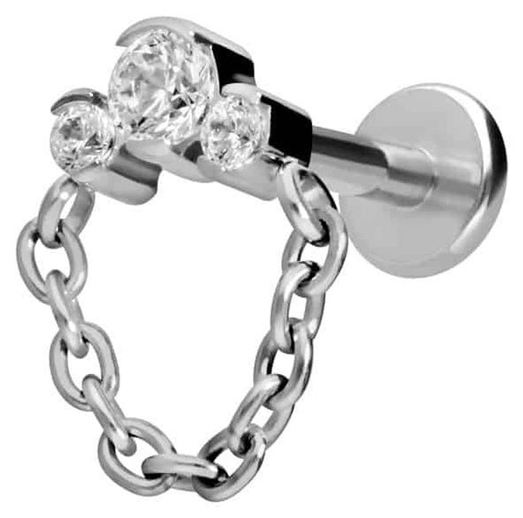 Ohrpiercing, Nasenpiercing Titan Labret mit Innengewinde 3 EINGEFASSTE KRISTALLE + KETTE Silber Stablänge: 6mm | Stabstärke: 1,2mm