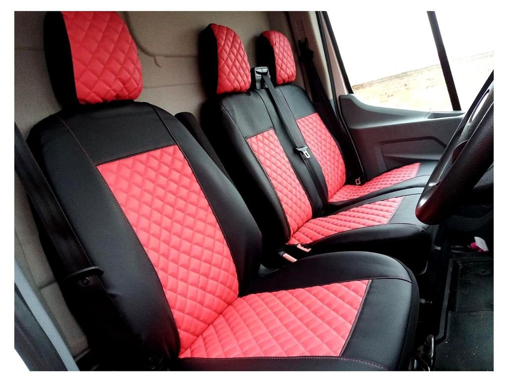 Vordersitzbezüge, 2 + 1, geeignet für Ford Transit Custom ab 2015, kleine Kabine, rotes Kunstleder, LHD