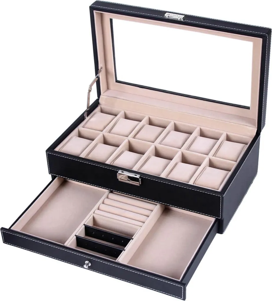 Coffret pour 12 montres avec compartiment bijoux en velours noir