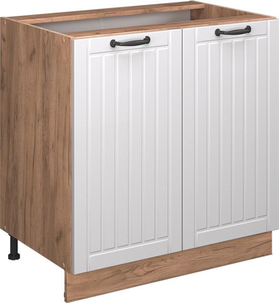Vicco Küchenunterschrank Fame-Line, 80 cm mit Regal, ohne Arbeitsplatte, Weiß Landhaus/Goldkraft Eiche