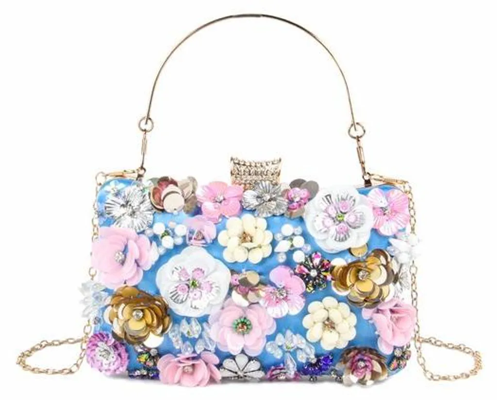 Pochette bleue mariage et cérémonie : sac fleurs multicolores avec strass