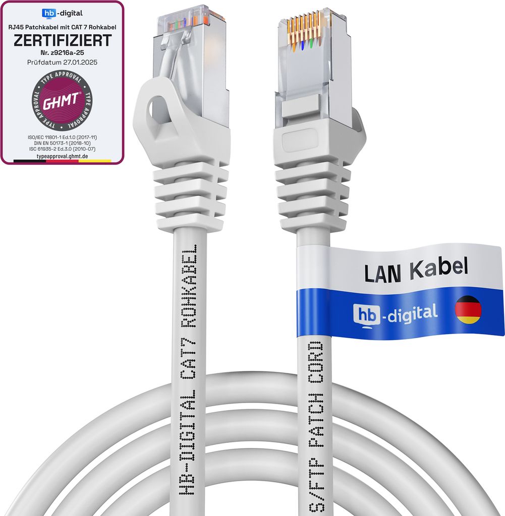hb-digital 0,5m Patchkabel CAT.7 RJ45 S/FTP PiMF LSZH AWG 26 halogenfrei weiß
