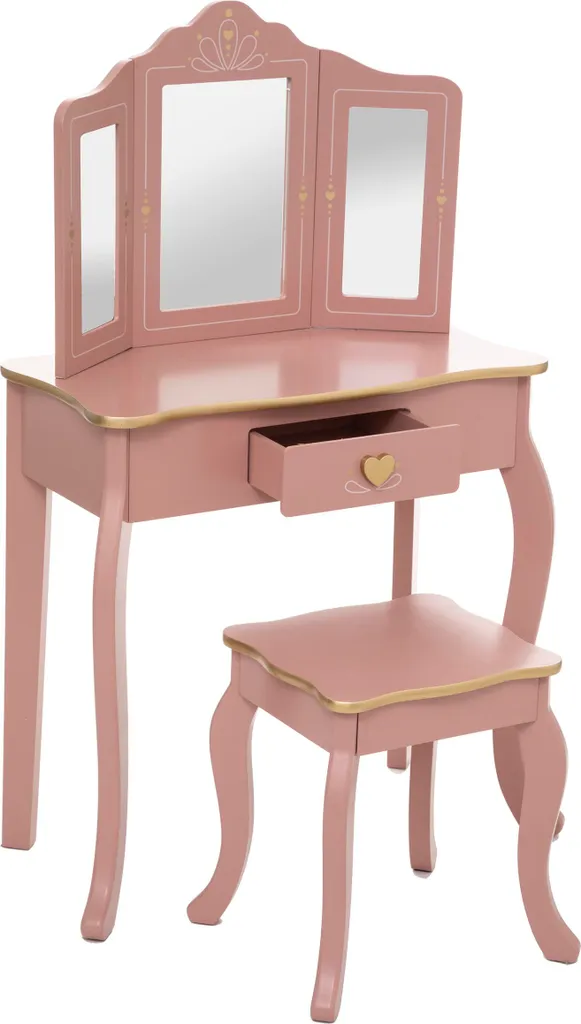 Coiffeuse enfant rose avec miroir et tabouret en bois de 60 cm de large