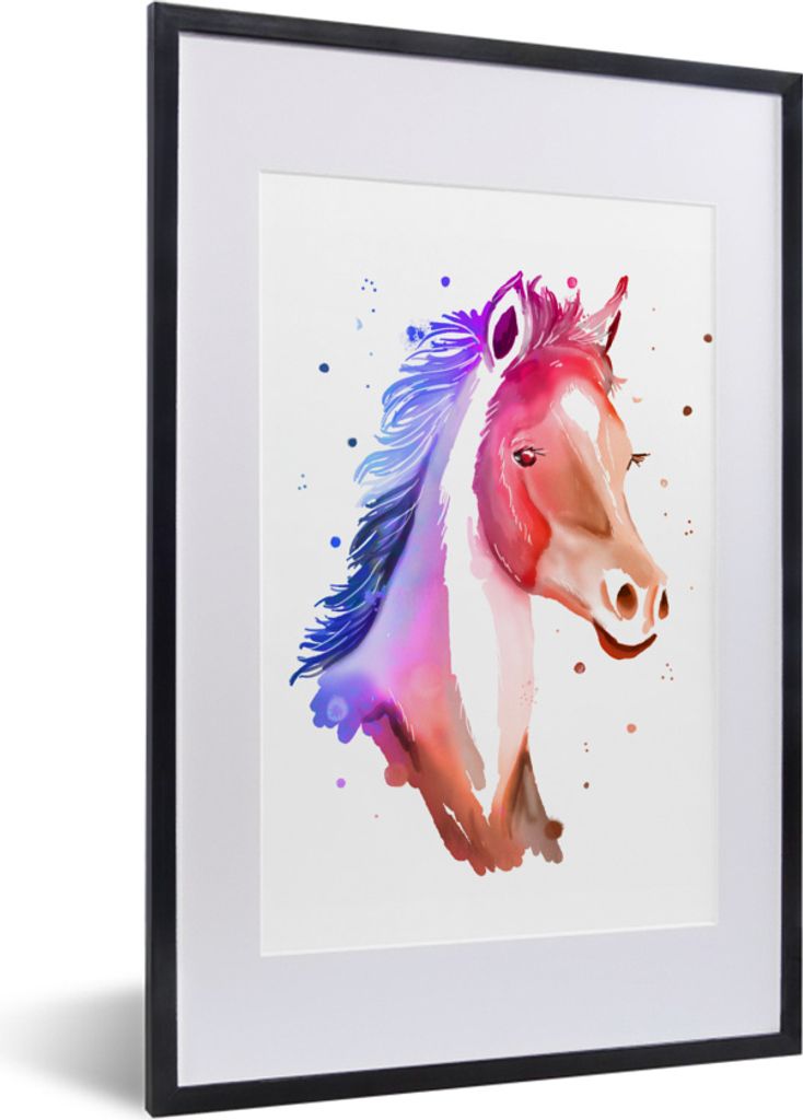 MuchoWow MuchoWow Gerahmtes Poster Pferd - Rosa - Blau - Mädchen - Kinder - Mädchen 40x60 cm - Poster mit zchwarzem Bilderrahmen - Poster in ...