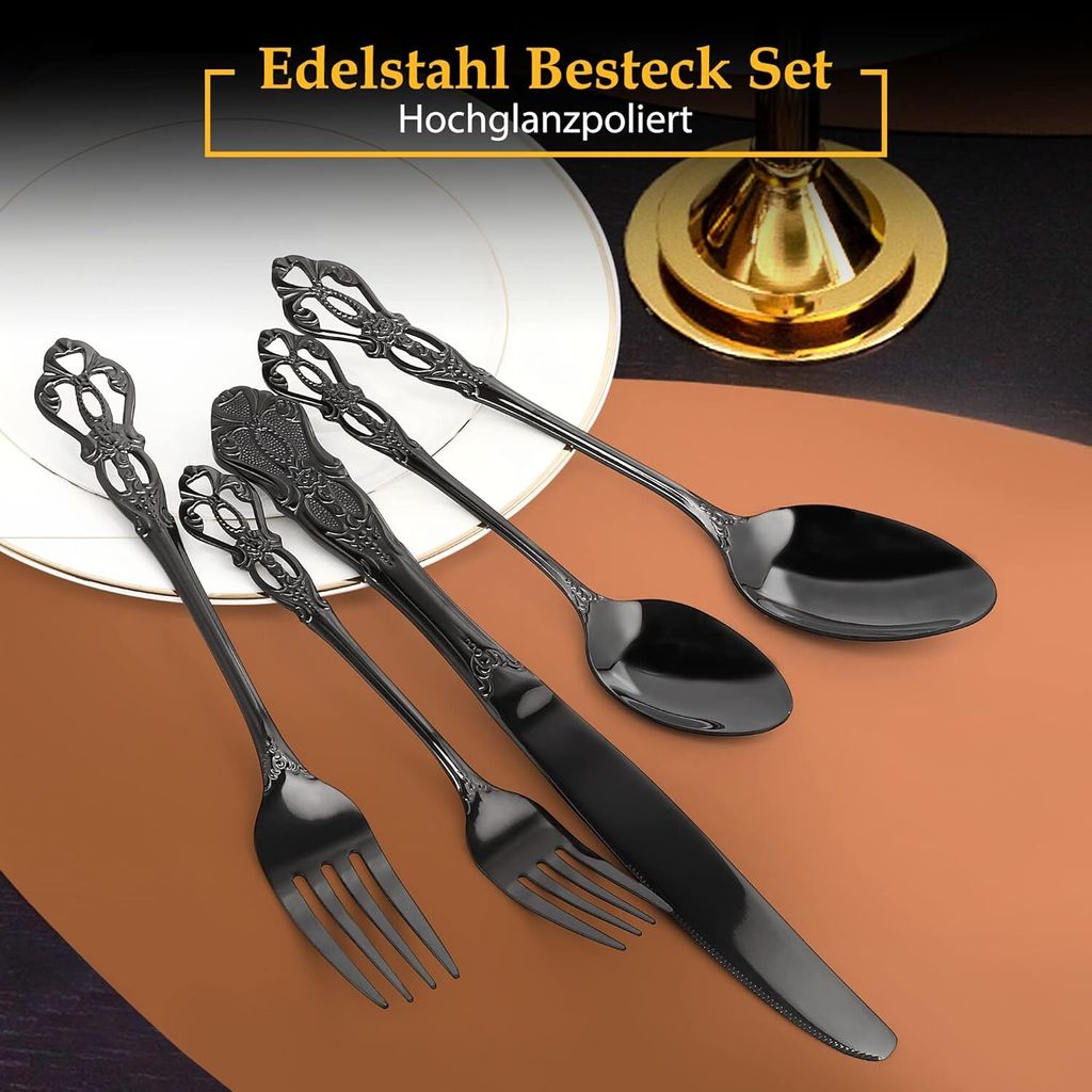 Royal Schwarz Besteck Set 20-teilig, spülmaschinenfest