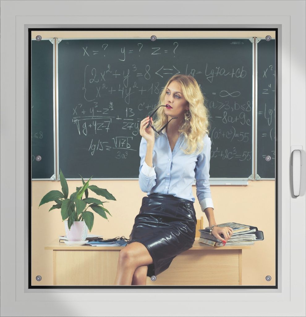 Wallario Lichtschutzbild, Dekorativer Sichtschutz Sonnenschutz 96 x 93 cm mit Motiv: Sexy blonde Lehrerin in Schule vor Tafel mit langen Beinen und...
