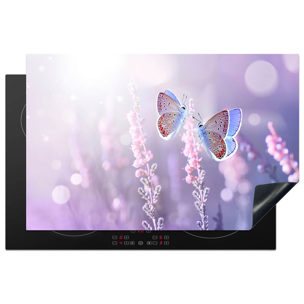 KitchenYeah Herdabdeckplatte Schmetterling - Lavendel - Blumen - Lila , 81x52cm, Küche Deko, Glaskeramikkochfeld Herdabdeckung, Abdeckplatte fù...