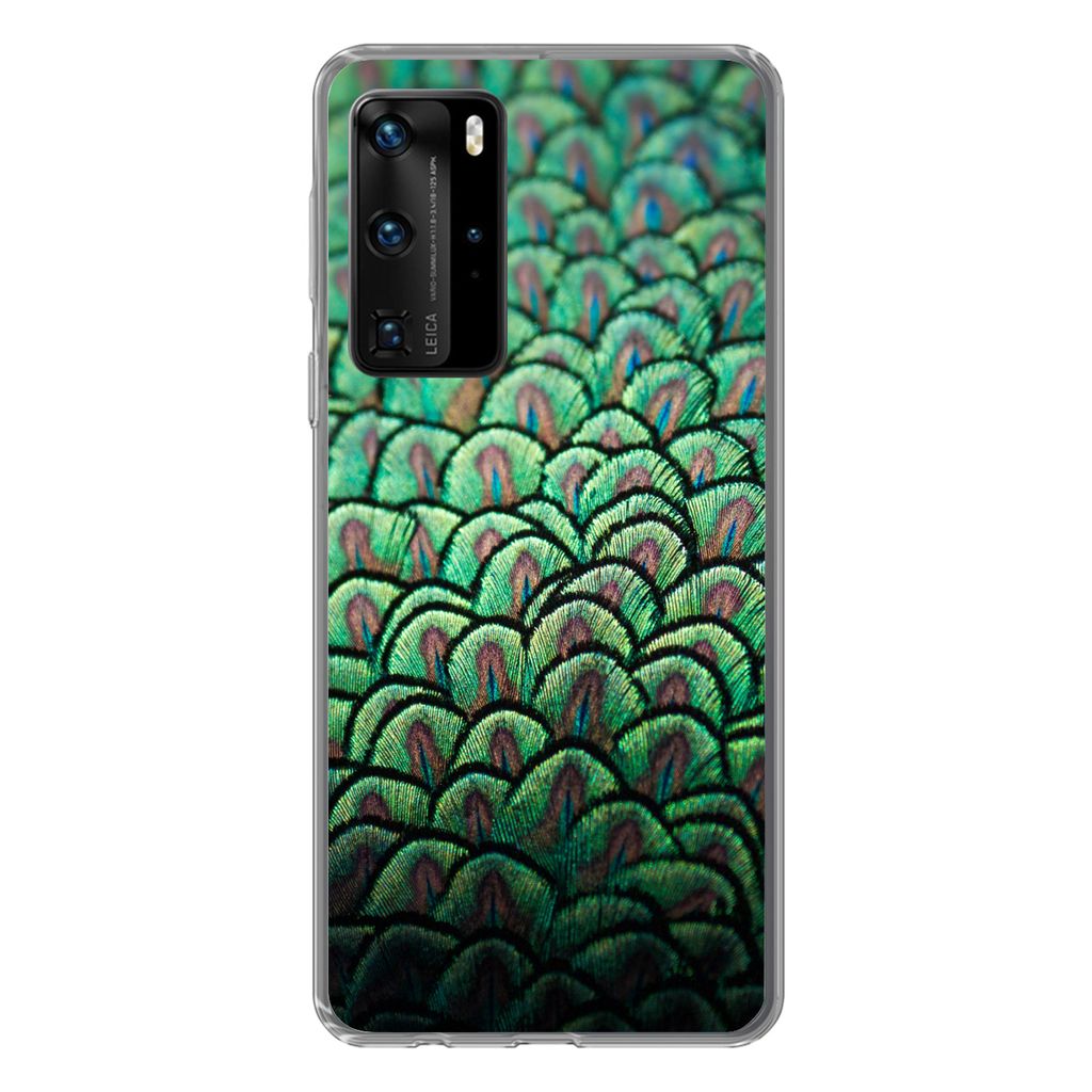 MuchoWow Handyhülle Schutzhülle Hülle für Huawei P40 Pro Nahaufnahme des Gefieders eines Pfaus Silikon Softcase Handy Hülle - Schutz