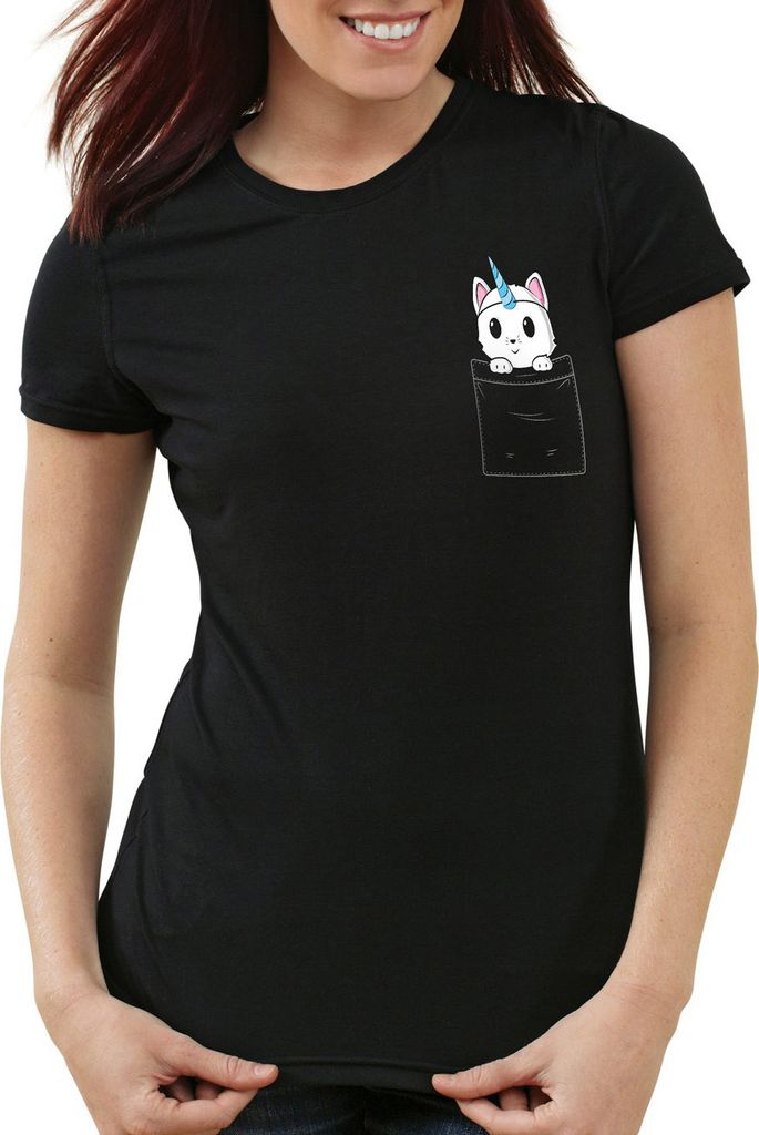 style3 Unicorn Pocket Cat Damen T-Shirt Einhorn Katze Brusttasche, Farbe:Schwarz, Größe:XL