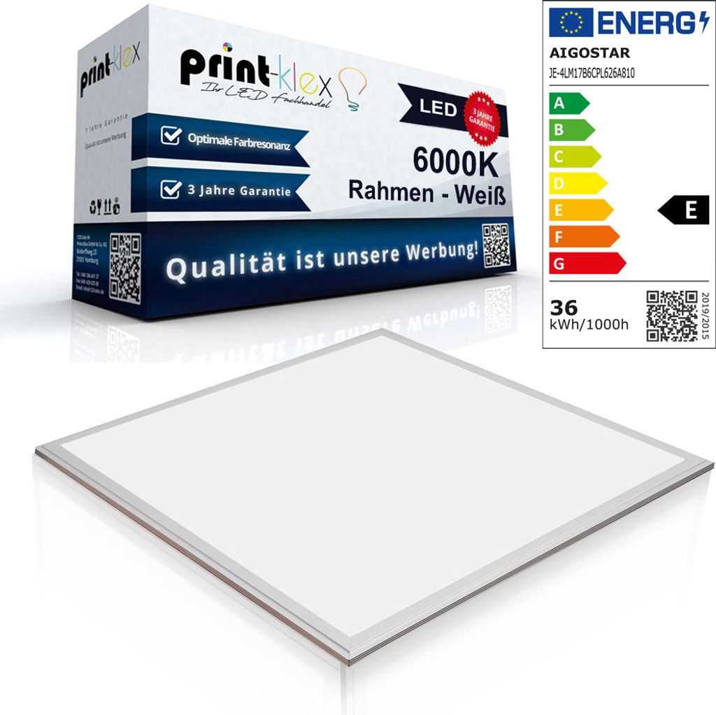 LED Panel Ultraslim 62 x 62cm Deckenlampe Einbaustrahler Lichtlampe 36 W 3600 Lumen 6000 K-Kaltweiß Weißerrahmen - Office Pro Serie
