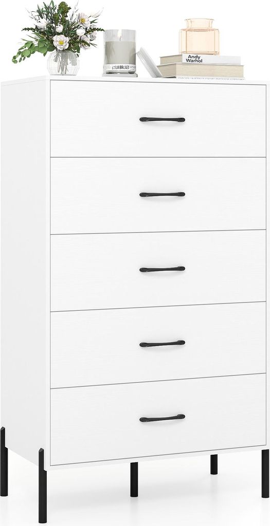COSTWAY Kommode mit 5 Schubladen, hoher Schubladenschrank mit Metallbeinen & -Griffen, Schubladenregal mit angehobenen Beinen, für Schlafzimmer