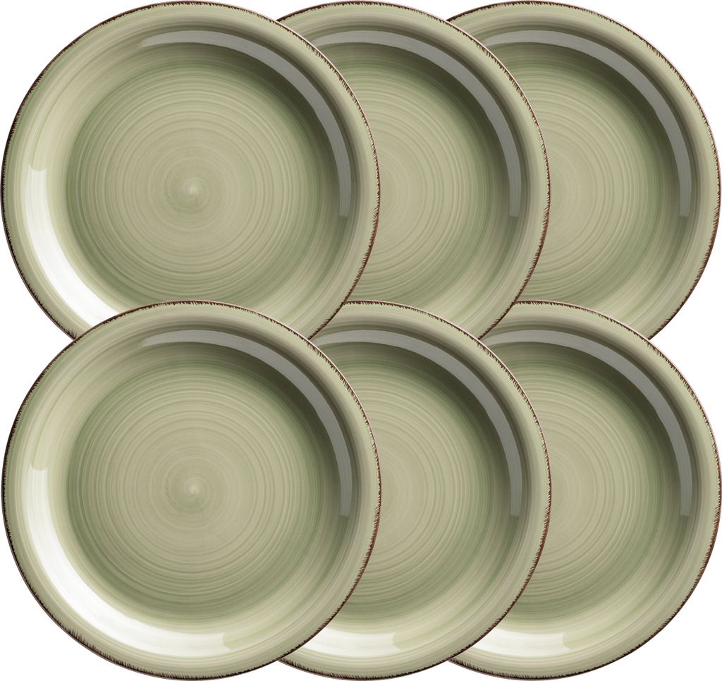 A set of six green stoneware dinner plates arranged in two rows of three.