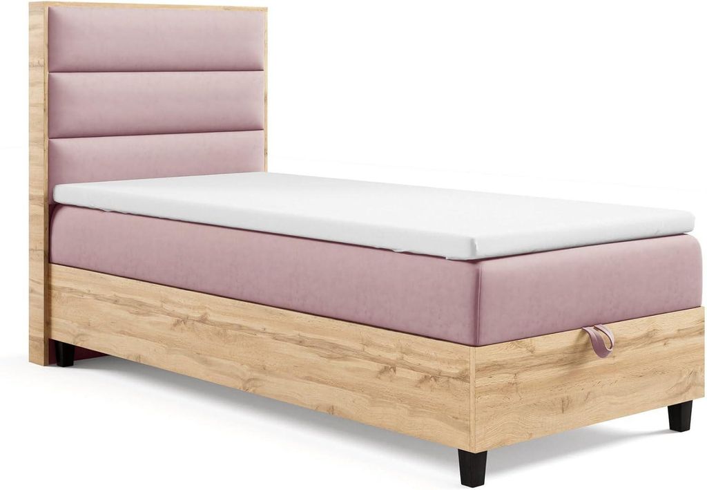 Trinity K-1 Boxspring-Einzelbett 70x200 Rosa mit Bonellfederkern Matratze Topper & Stauraum-Bettkasten Kopfteil – Liefer und Aufbauservice