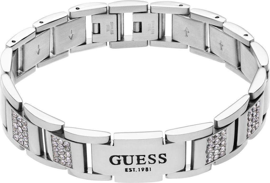 A silver-colored Guess bracelet with rhinestones and the Guess logo.
