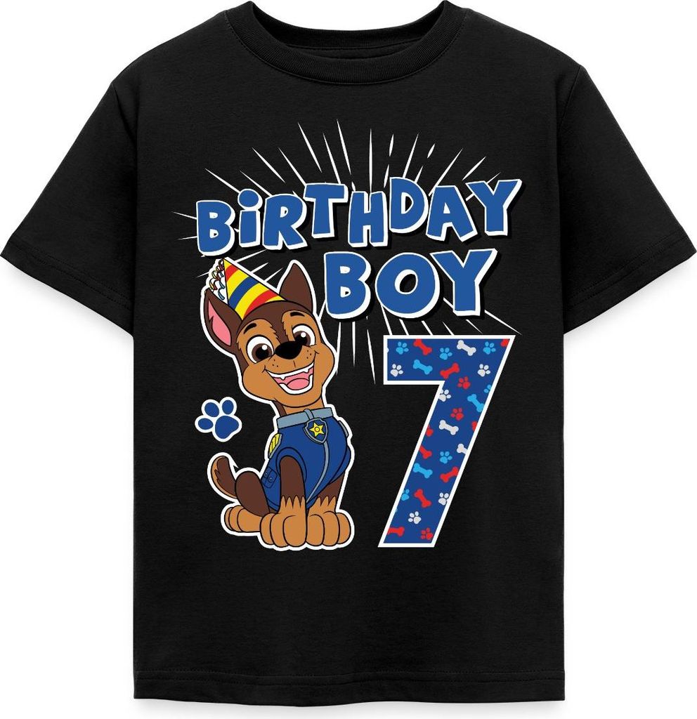 Spreadshirt Paw Patrol Geschenk 7 Jahre Alt 7. Geburtstag Chase Kinder T-Shirt, 98/104 (3-4 Jahre), Schwarz