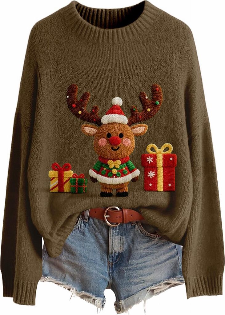 ASKSA Damen Weihnachtspullover,Strickpullover Rundhals Pulli Sweater Herbst Winter Warm Strickpulli Weihnachtspulli (C-Armeegruen,L)