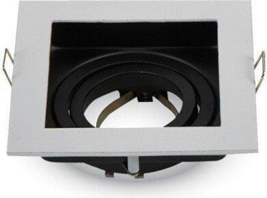 A square recessed spotlight fixture with a white outer frame and a black inner component with concentric rings.