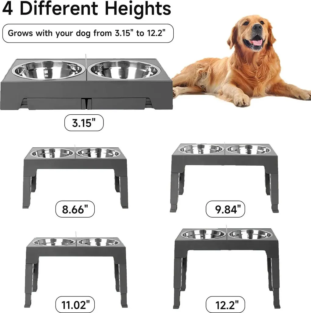 Support de gamelles surélevé Type B réglable en acier inox pour chiens