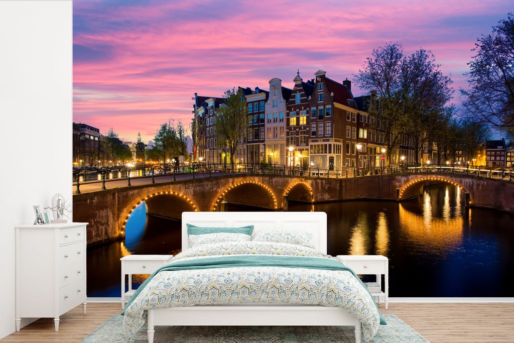 MuchoWow Fototapete für Wohnzimmer oder Schlafzimmer Wandtapete Vinyl Motivtapete Amsterdam - Nacht - Gracht - 390x260 cm - Papiertapete