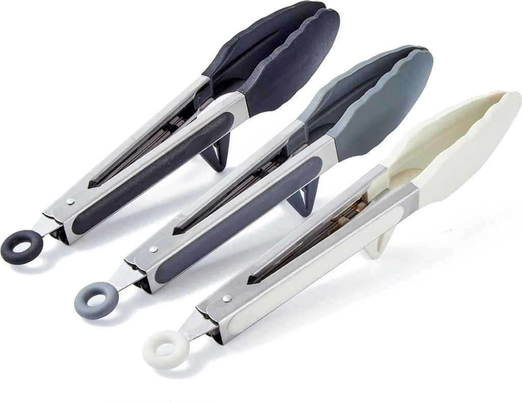 Küchentang mit Silikonspitzen - Mini Serviertang - 3 Stück - Schwarz, Grau, Weiß - 9 Zoll