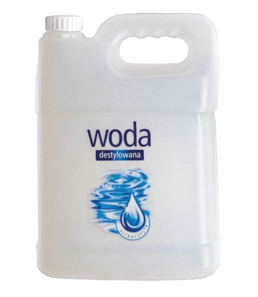 A white plastic jug of distilled water.