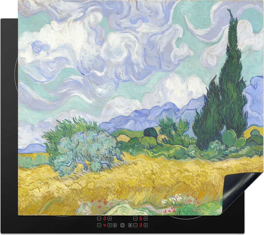KitchenYeah Herdabdeckplatte Weizenfeld mit Zypressen - Vincent van Gogh , 57x51cm, Küche Deko, Glaskeramikfeld Herdabdeckung, Abdeckplatte fùr...