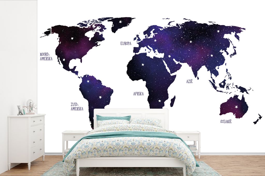 MuchoWow Fototapete für Wohnzimmer oder Schlafzimmer Wandtapete Vinyl Motivtapete Weltkarte - Lila - Sternenhimmel - Kinder - Jungen - Mädchen ...