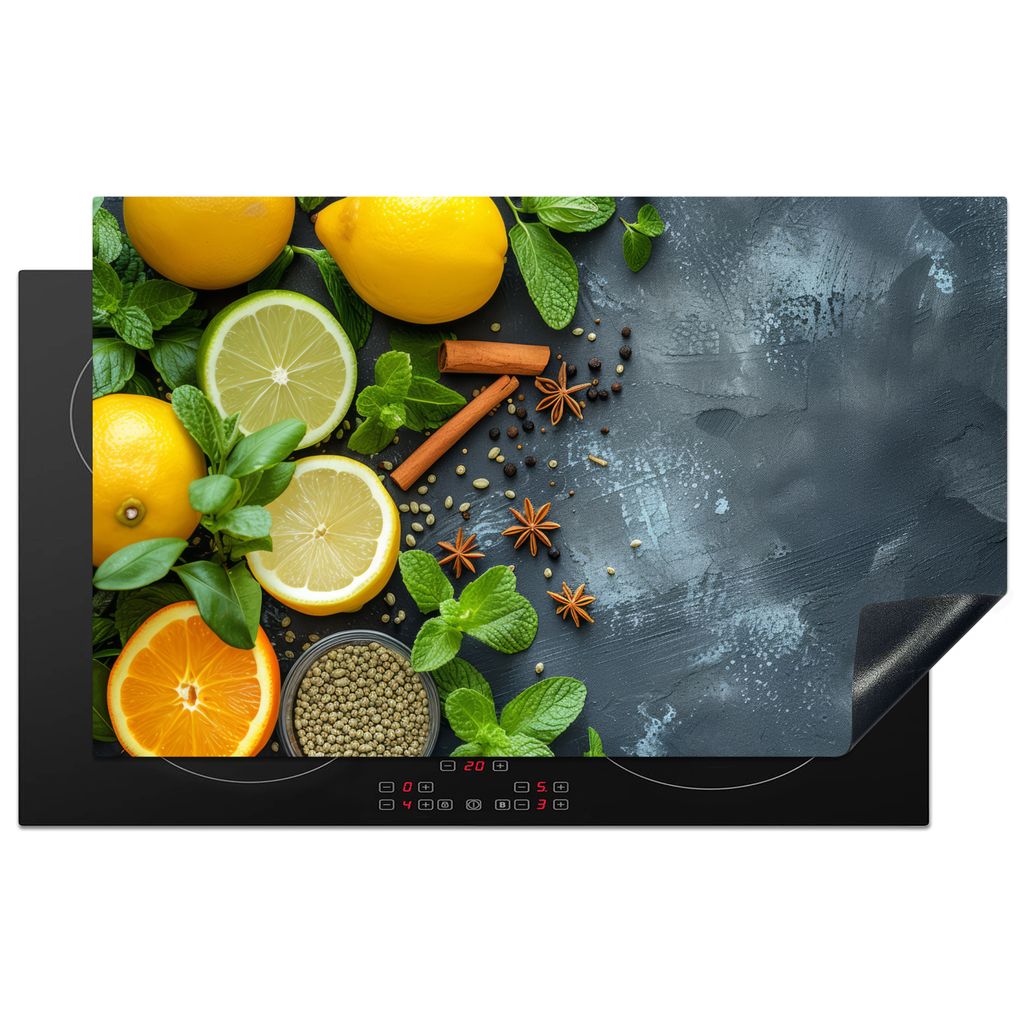 KitchenYeah Herdabdeckplatte Obst - Beton - Pflanzen - Zitrone - Zimt , 85x52cm, Küche Deko, Glaskeramikkochfeld Herdabdeckung, Abdeckplatte fù...